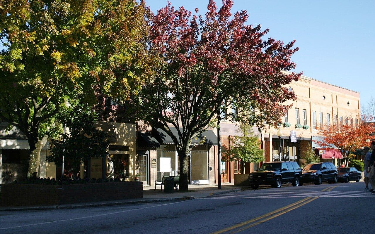 Downtown Hendersonville's Main Street with shops and trees in fall color