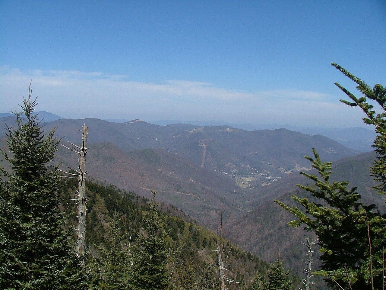 View over layered mountain ridges and Maggie Valley from Waterrock Knob